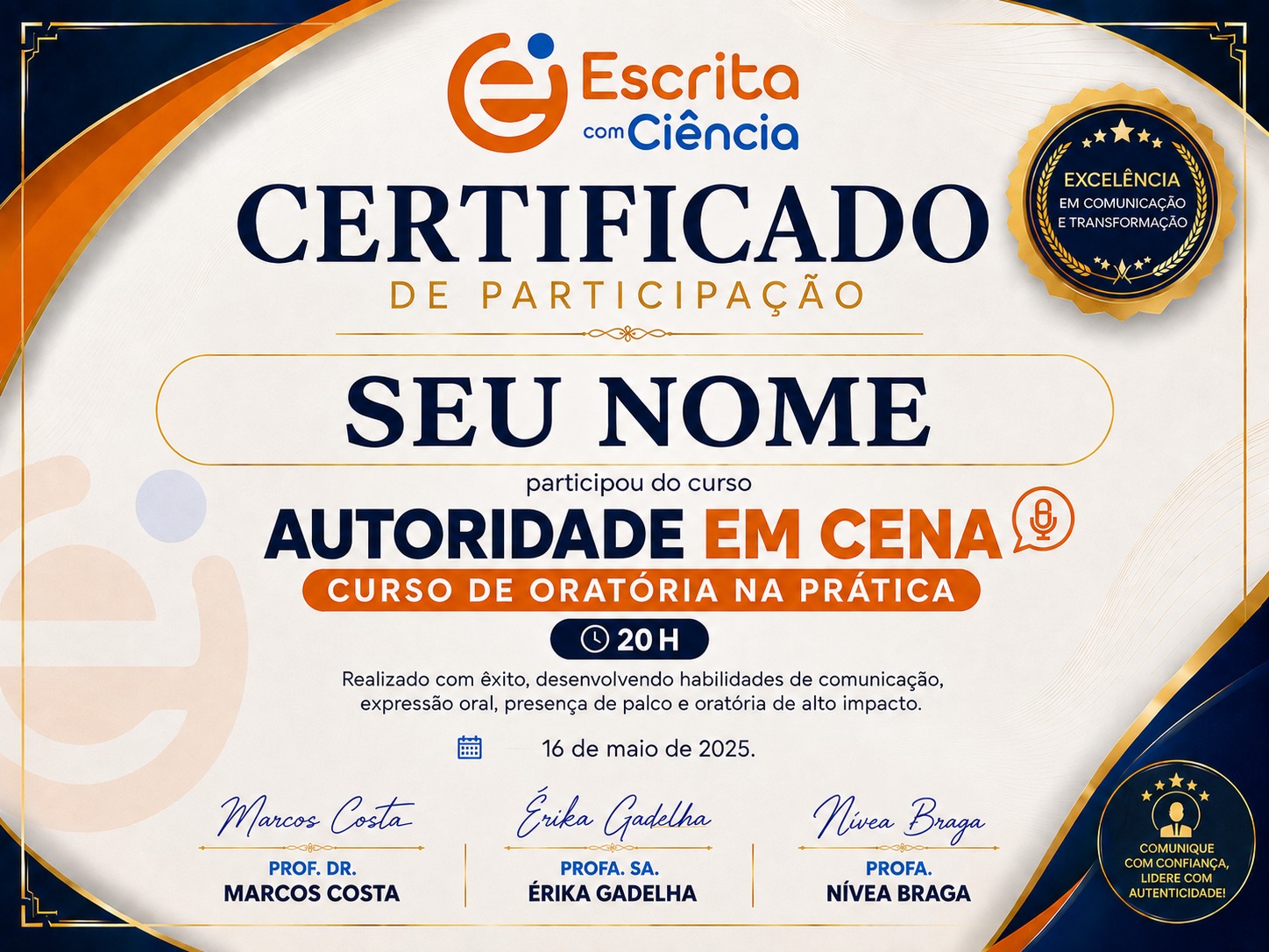 Certificado oficial de 20 horas do Autoridade em Cena